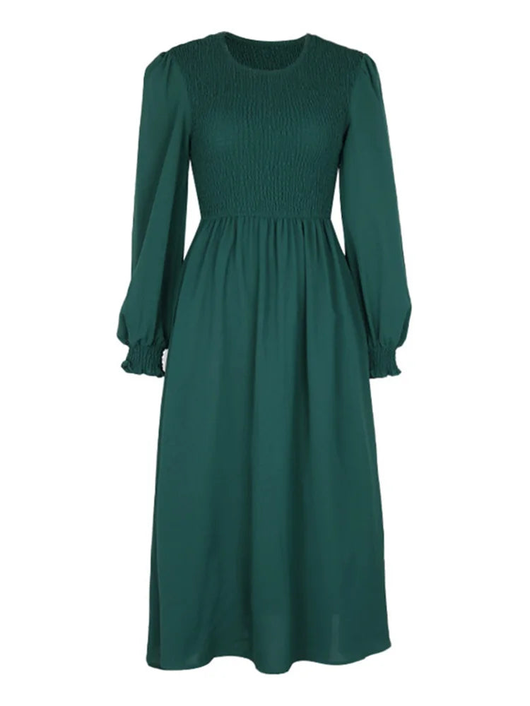 Women's Autumn Winter Elegant V-neck Lace Mid-Length High Waist Dress