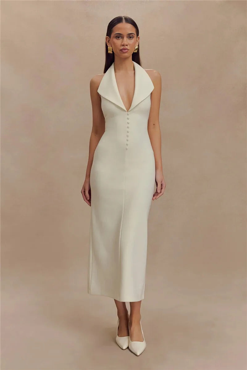 Women's Halter Deep V Neck Sleeveless Maxi Elegant Backless Bodycon Tank Long Dress