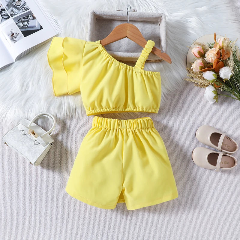 1-6Y Kids Girls Clothes Set Ruffles One Shoulder Sleeveless Vest with Solid Shorts Summer Outfit