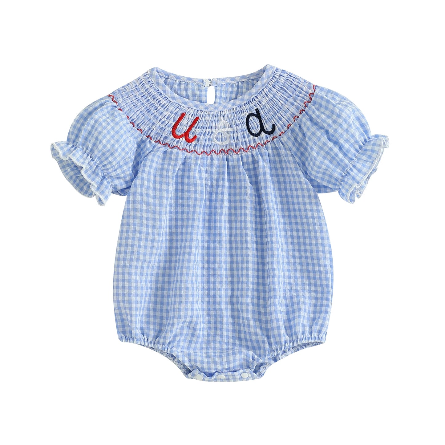 Baby Girls Independence Day Rompers - 3 Colors Letter Embroidery Plaid Print Short Sleeve Jumpsuits