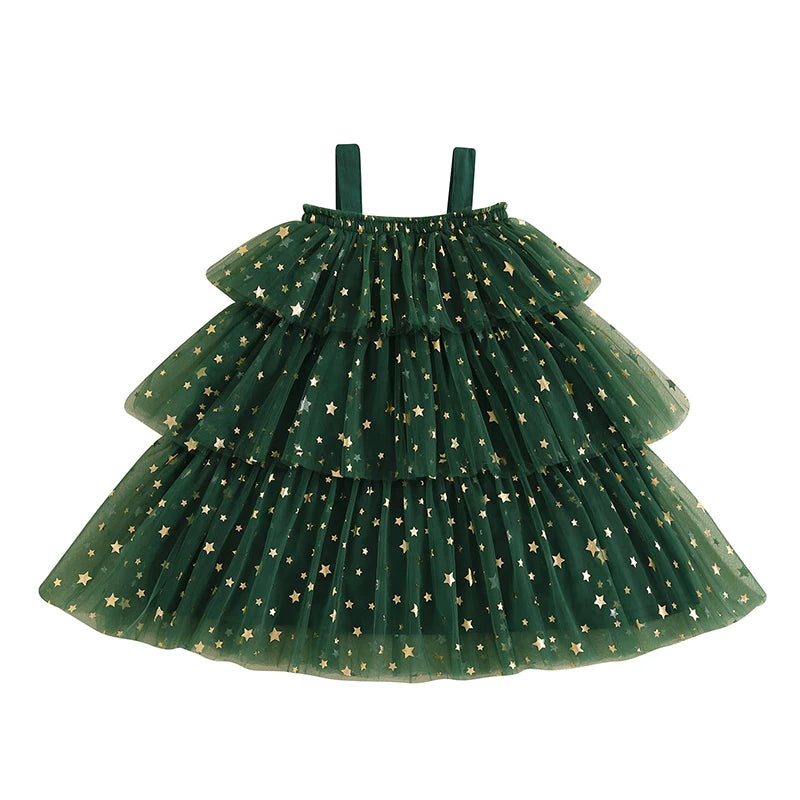 Girl's Festive Dress - Star Lace Layered Tulle Sundress with Plush Ball