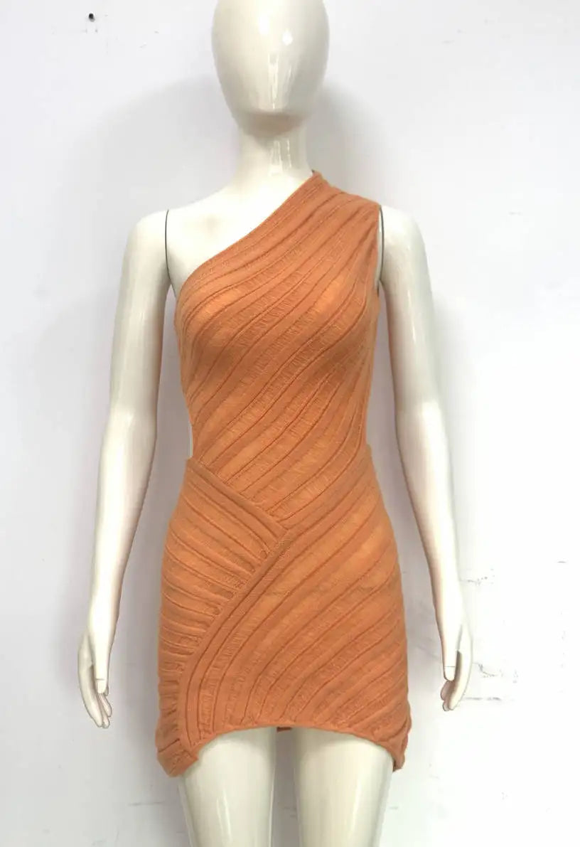Women's Irregular Cut Out Knitted Mini One Shoulder Summer Sleeveless Bodycon Party Dress
