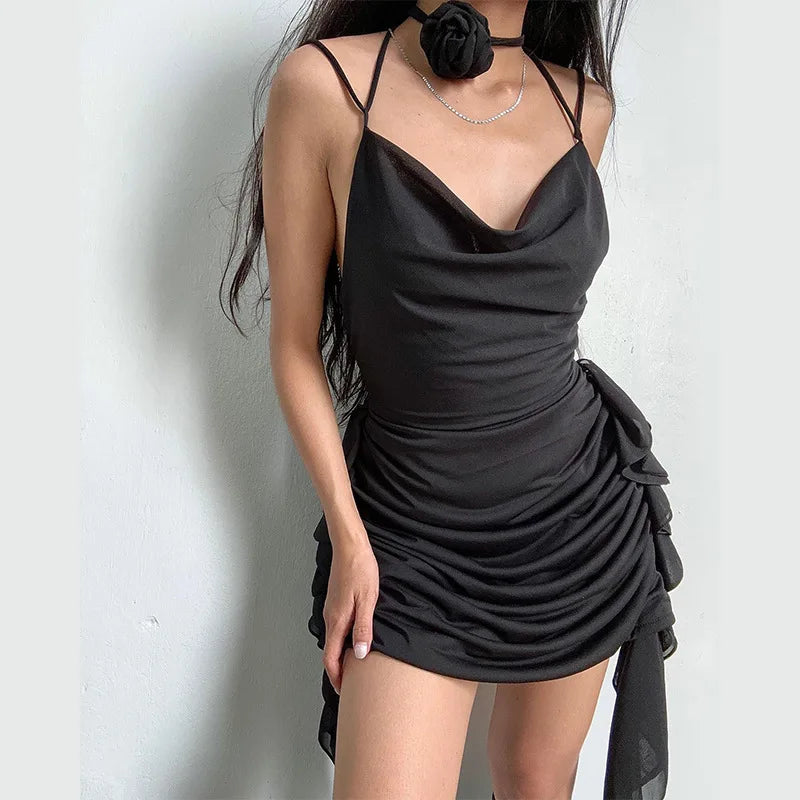 Women's Coquette Aesthetic Ruffle Detail Mini Outfit Sleeveless Floral Applique Halter Backless Party Dress