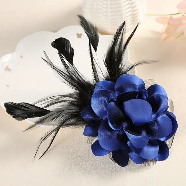 Feather Corsage Brooch - Handmade Fabric Flower Wedding Lapel Pin