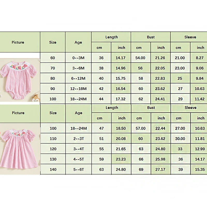 Baby Girls Easter Rabbit Embroidery Romper Dress - Striped Puff Sleeve Outfit