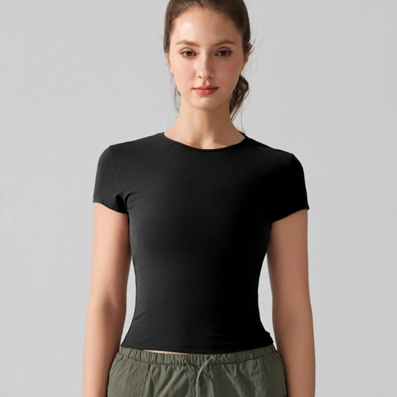 Women's Summer Short Sleeve Yoga T-Shirt Solid Color Slim Fit Gym Running Top Round Neckline Breathable Quick Dry Fitness Sportswear