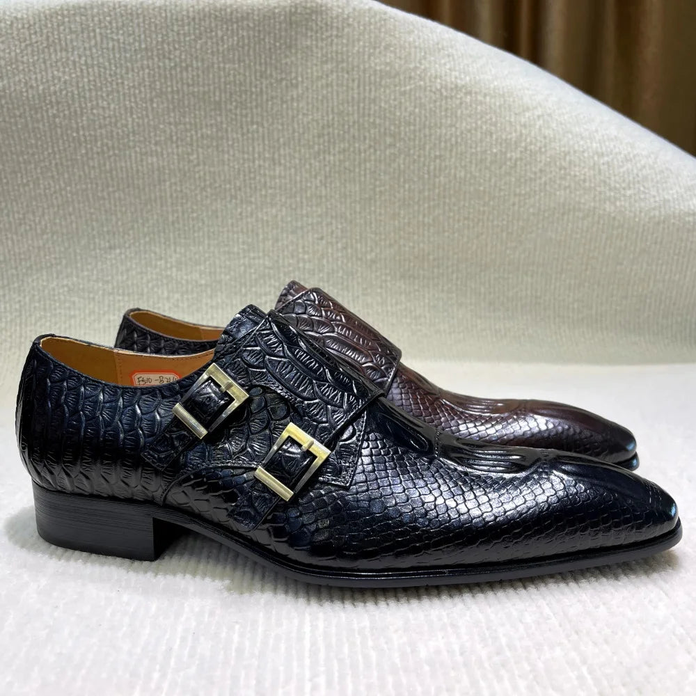 Men's Italian Genuine Leather Formal Oxford Python Crocodile Pattern Button Detailing for Office Party Wedding Shoes