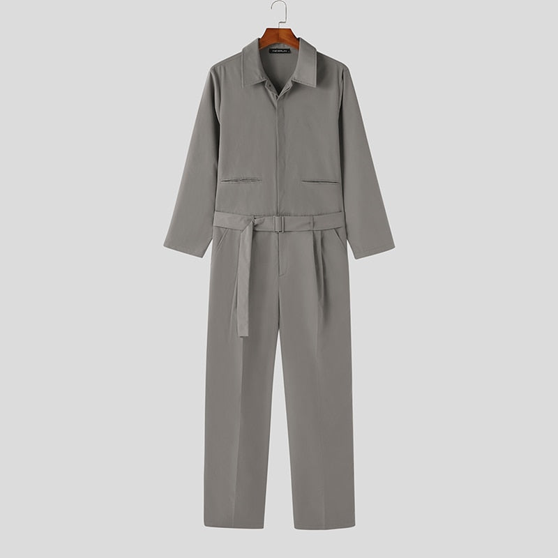 Men's Lapel Long Sleeve Pockets Jumpsuit With Belt S-5XL