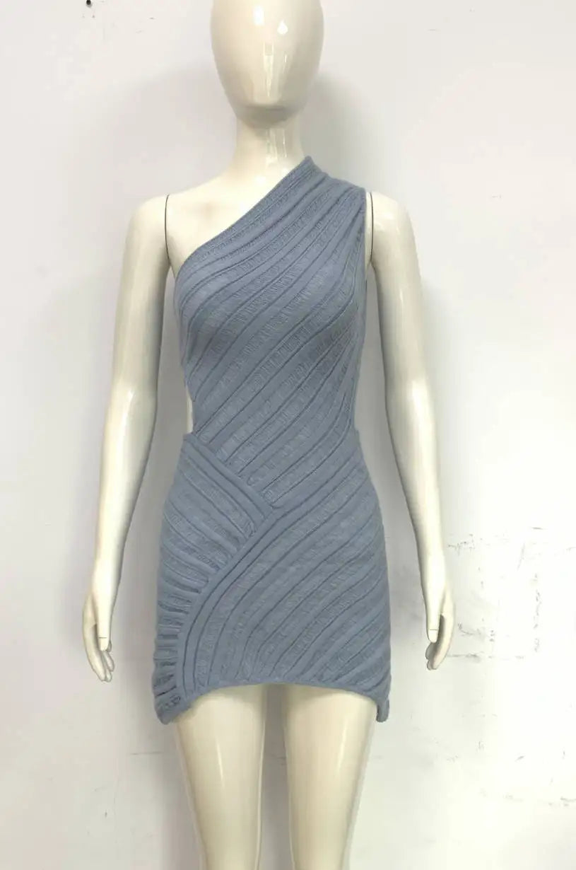 Women's Irregular Cut Out Knitted Mini One Shoulder Summer Sleeveless Bodycon Party Dress