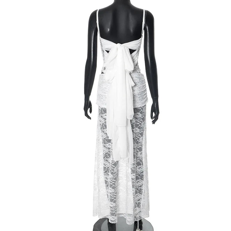 Women's Lace Trimmed Dress Set Club Outfits Lace Up Summer Backless Sheer Top and Skirt Co-ords Set