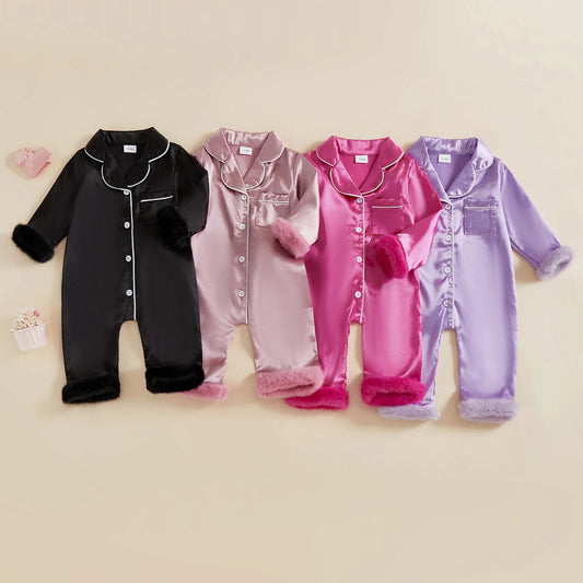 Baby Satin Pajama Romper - Fur Trim Button Down with Lapel