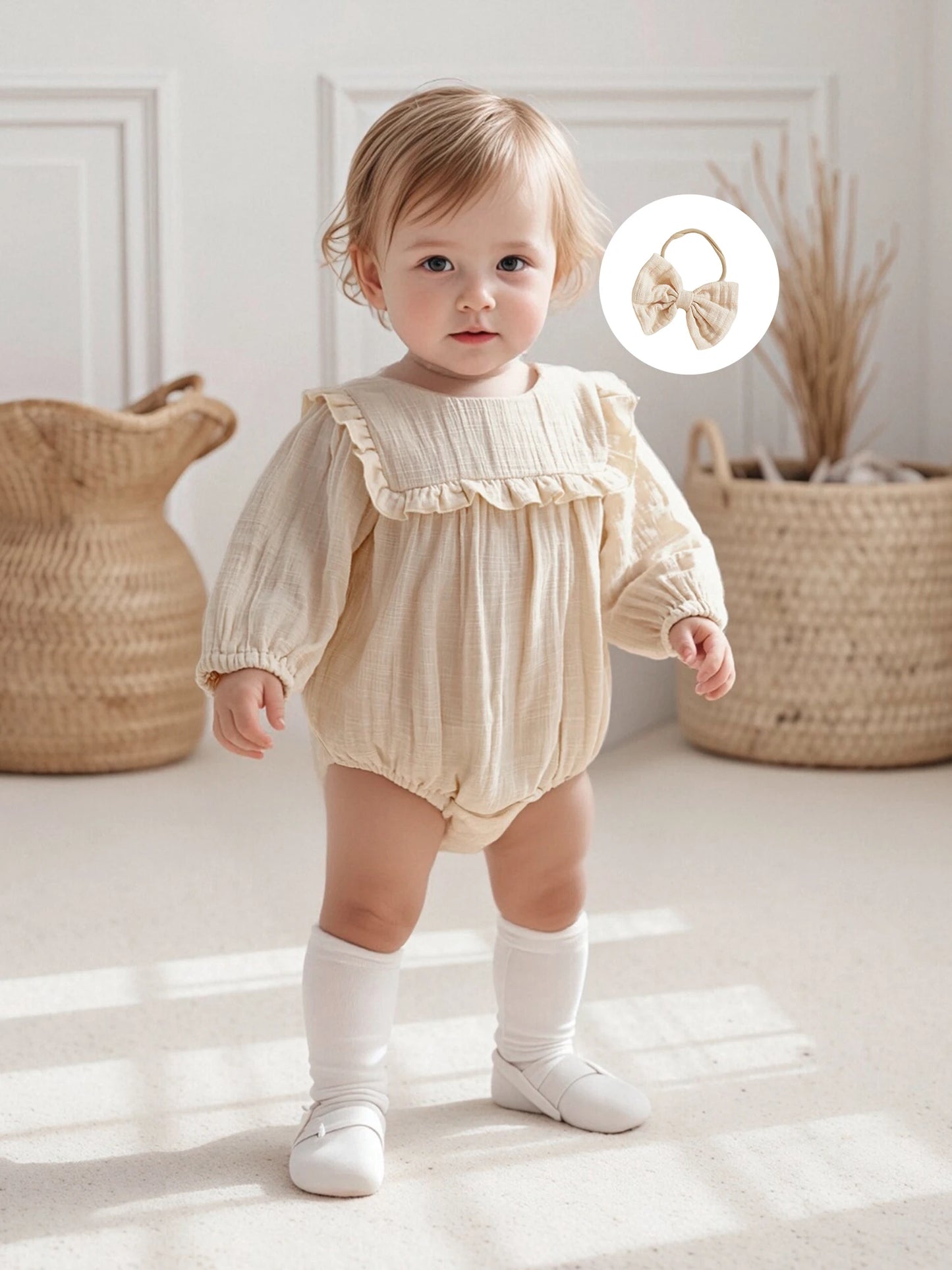 Baby Girls Fall Romper - Solid Color Long Sleeve Round Neck Ruffled Jumpsuit with Bow Headband