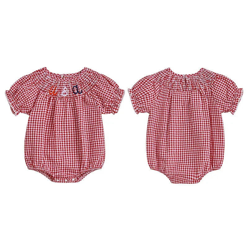 Baby Girls Independence Day Rompers - 3 Colors Letter Embroidery Plaid Print Short Sleeve Jumpsuits