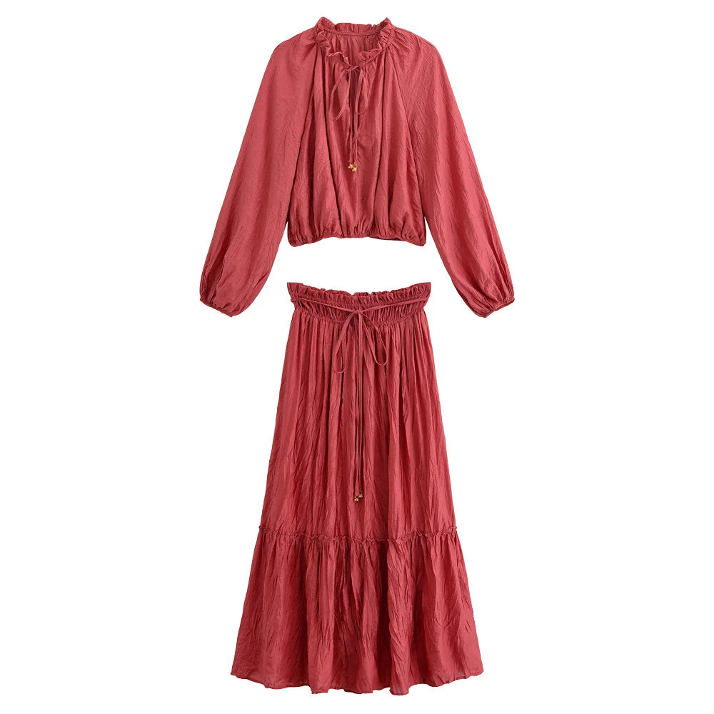 Women's Wrinkle Effect Long Sleeved Short Top Half Skirt Set