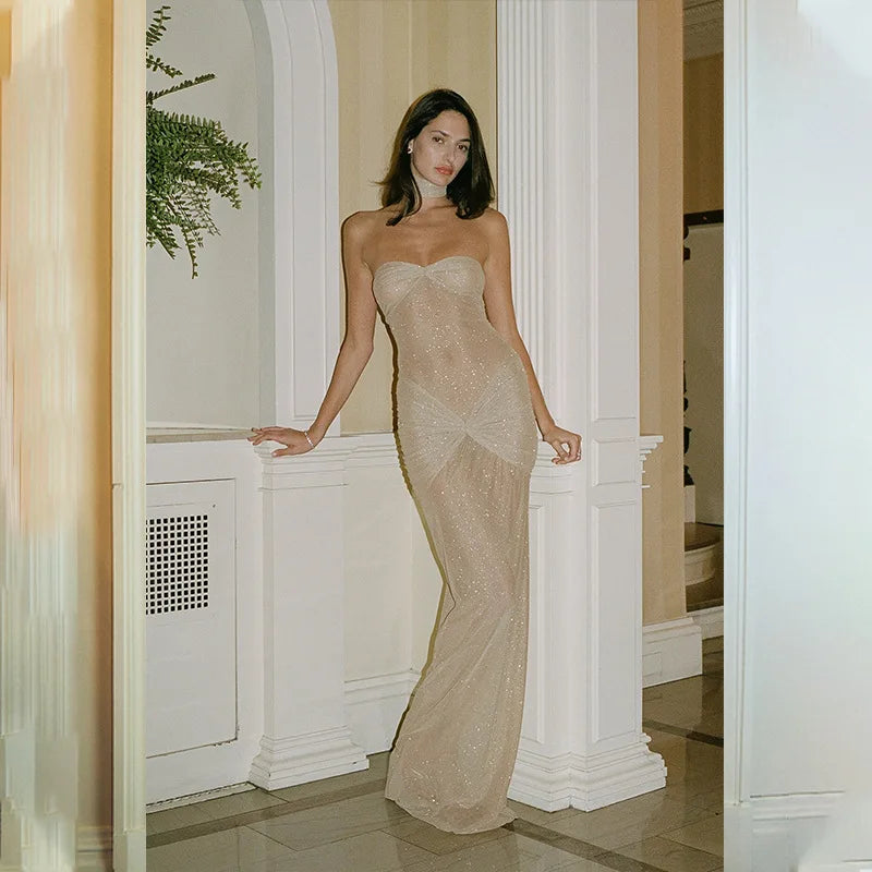 Women's Strapless Sequins Maxi Dress - Wrap Ruched Backless See Through Dress