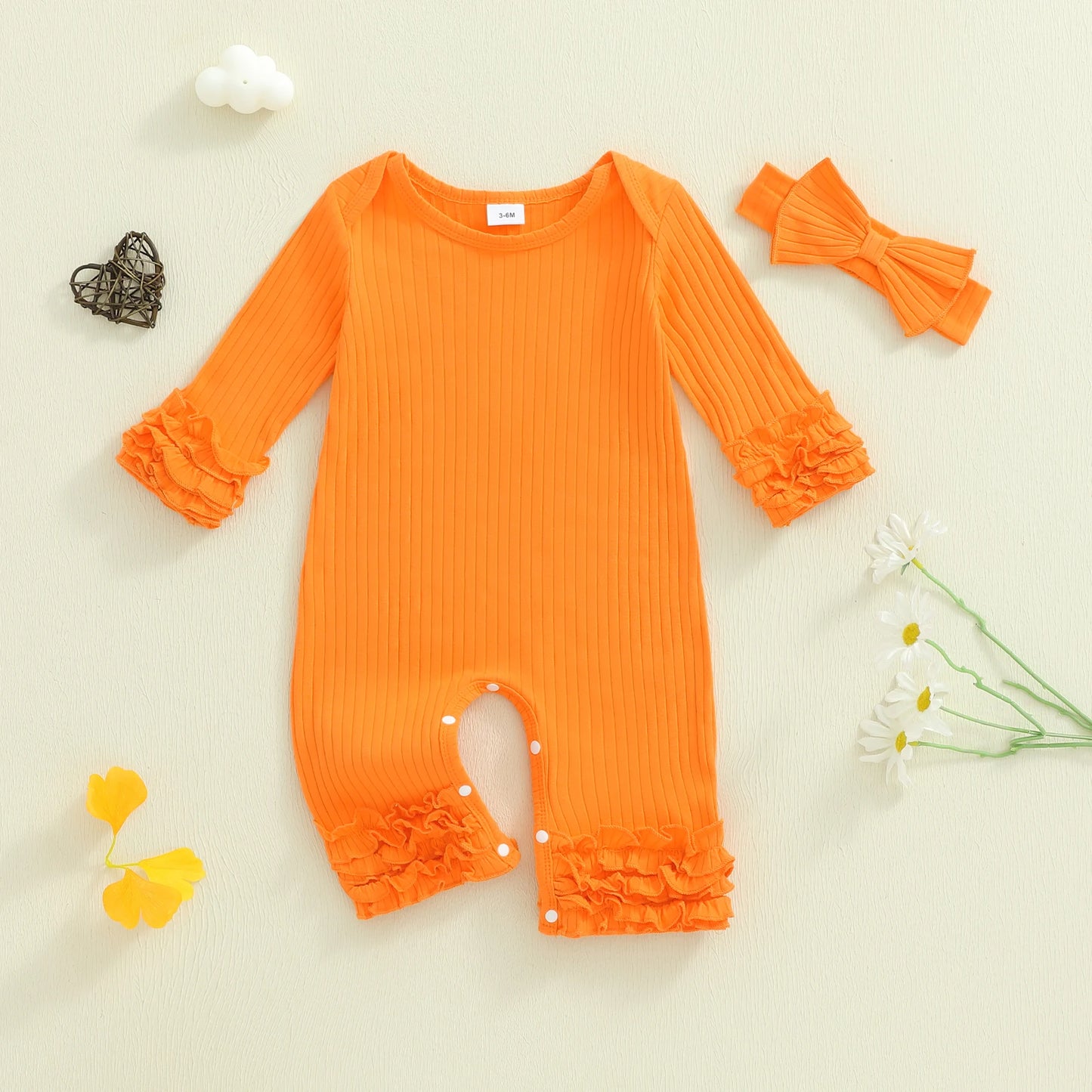 Baby Girls Solid Colour Romper with Bow Headband (0-18M)