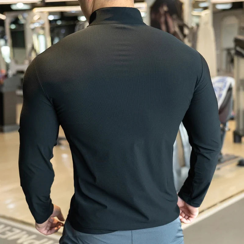 Men's Muscle Workout Sportswear Long Sleeve Running Clothing with Half Zip with Pockets Sports Gym Fitness Compression Shirt