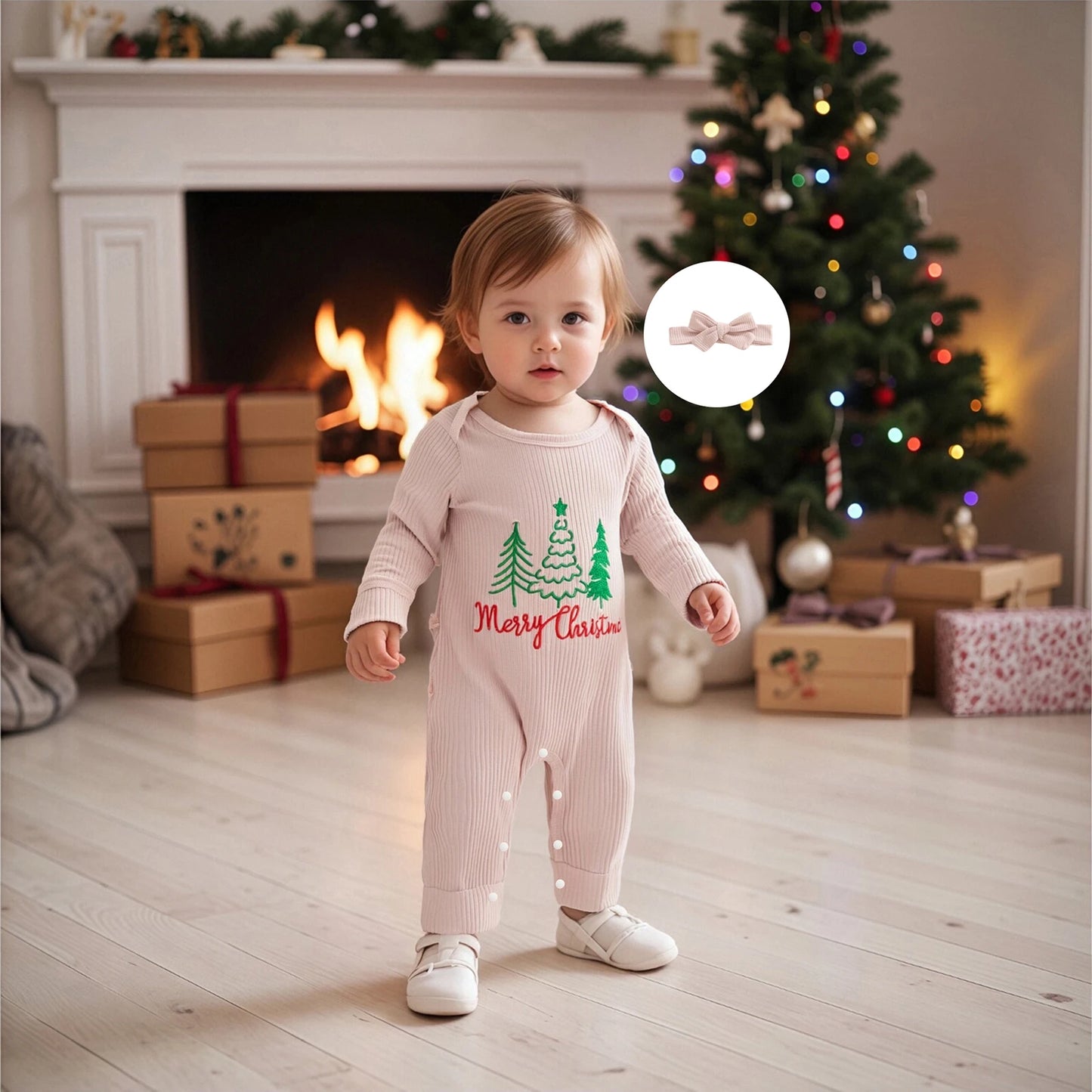 Newborn Baby Christmas Romper with Headband - Long Sleeve Xmas Tree Embroidery Jumpsuit