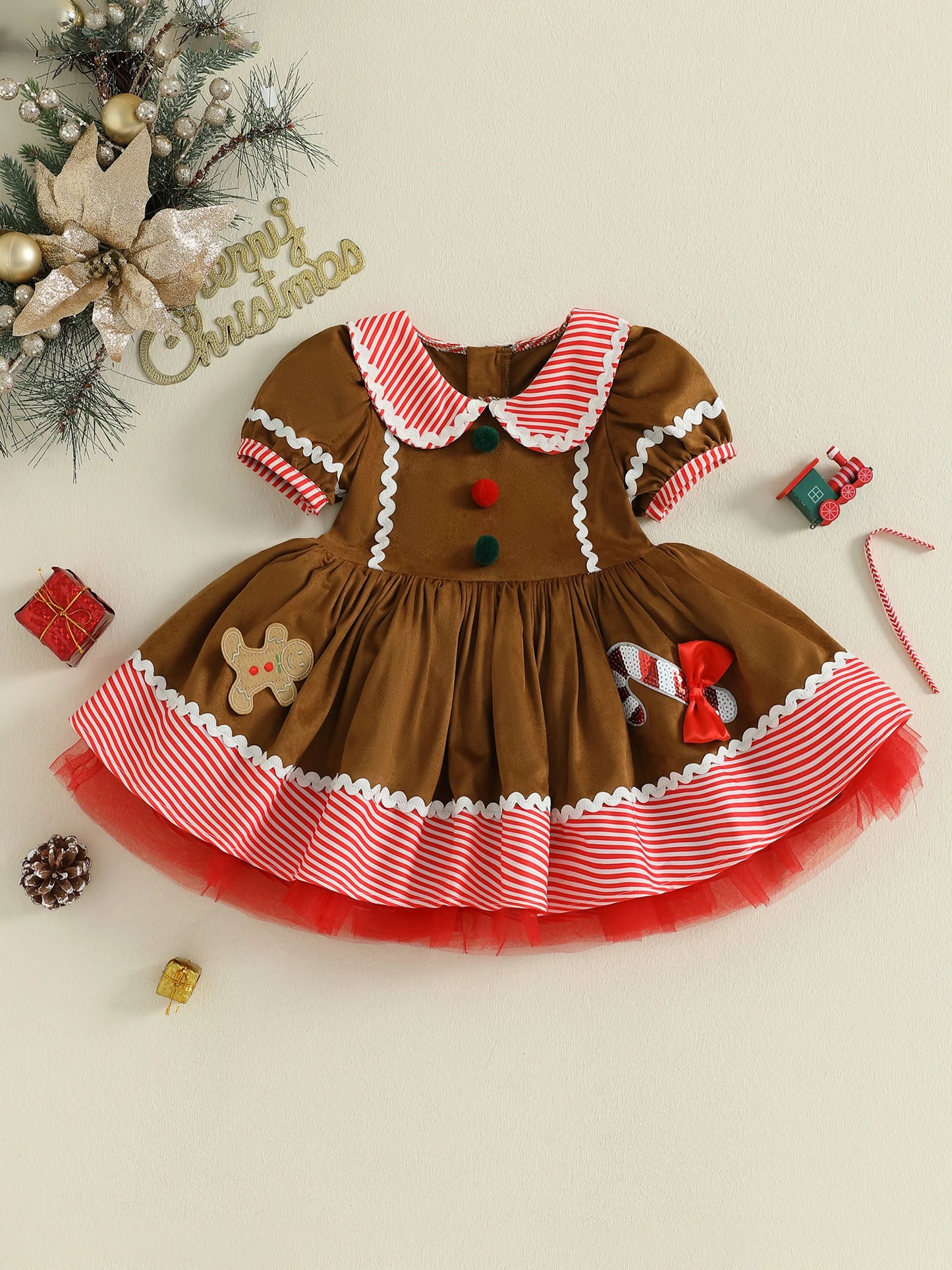 Toddler Girl's Christmas Dress - Gingerbread Man Print Doll Collar Bubble Sleeve
