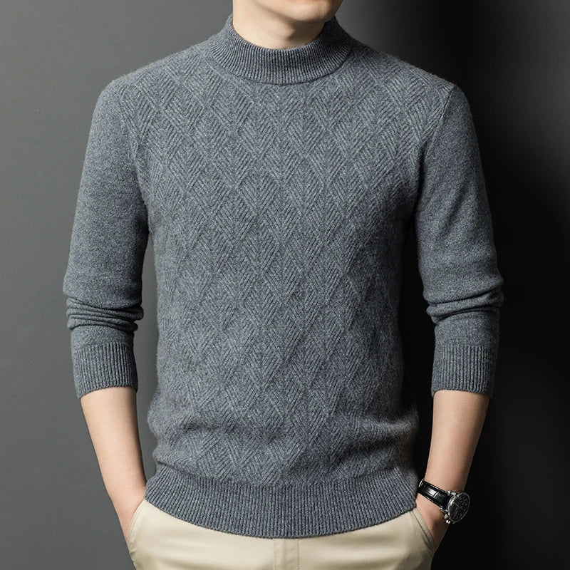 Men's Mock Neck Knitted Sweater - Slim Fit Thick Warm Pullover for Winter
