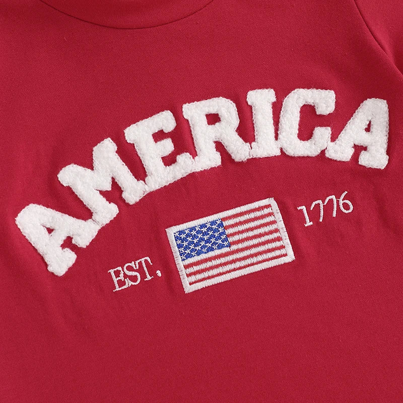 0-4Y Kids Boys American Flag Clothes Sets Letter Embroidery Short Sleeve T-Shirt with Stripe Shorts