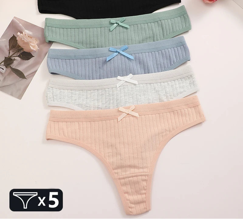 Women's Cotton Bow Tie Underwear 5-Pack - Ribbed Striped Low Waist Thongs