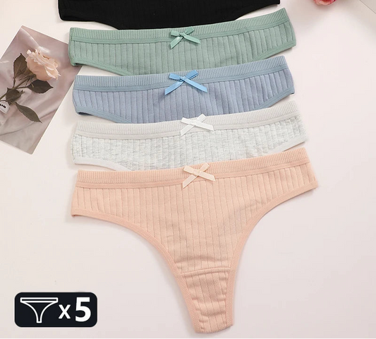 Women's Cotton Bow Tie Underwear 5-Pack - Ribbed Striped Low Waist Thongs