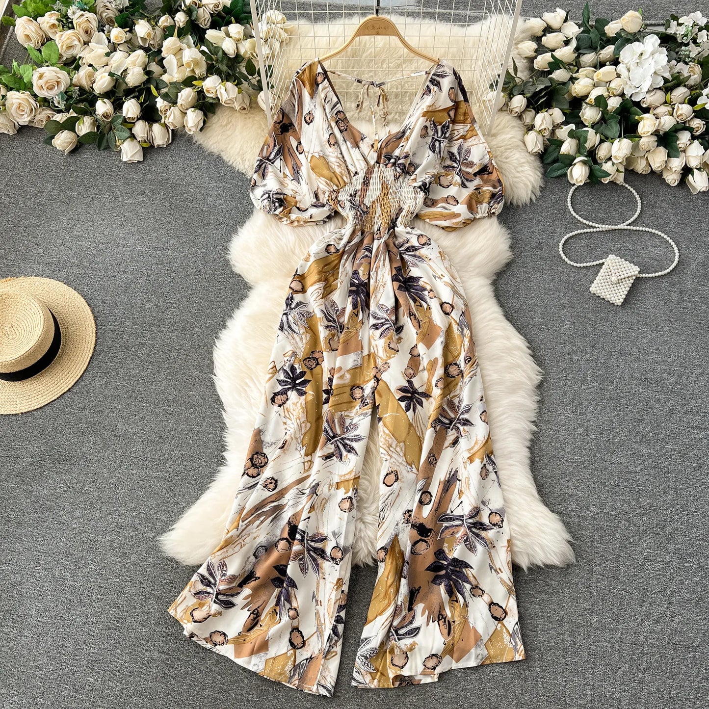 Women's V-Neck Floral Print Jumpsuit - Dolman Sleeves Wide Leg Trousers