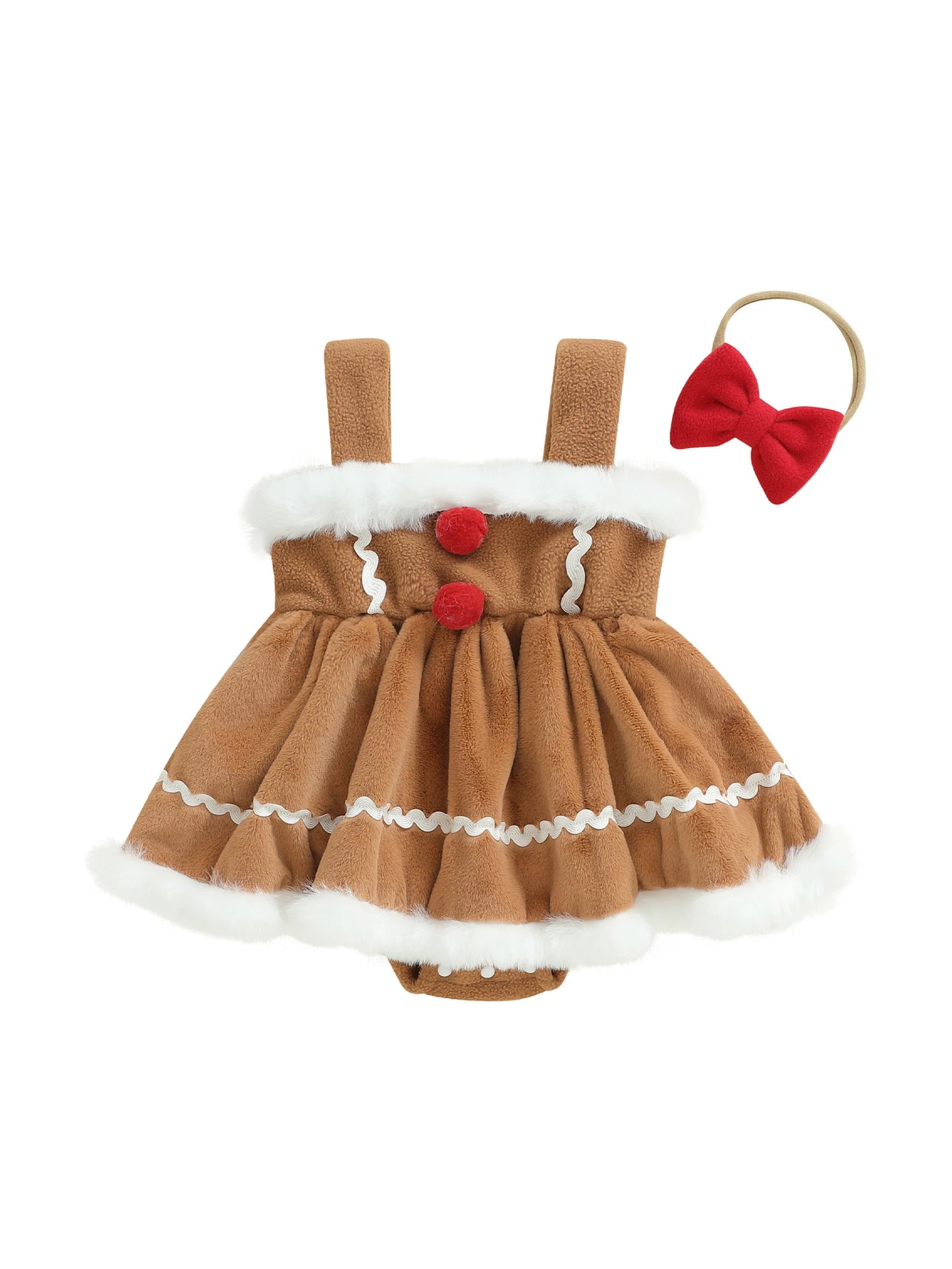 Baby Girls Princess Christmas Romper Dress with Bow Headband - Gingerbread Design