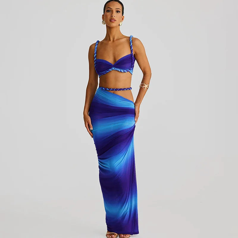 Women's Ruched Bandage 2 Piece Set Backless Decorative Cord Top and Skirt Dress Set