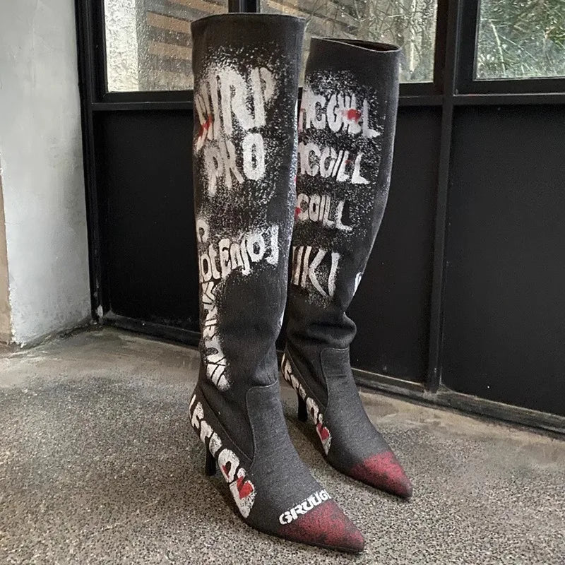 Women's 7cm Thin Heel Graffiti Folded Denim Boots