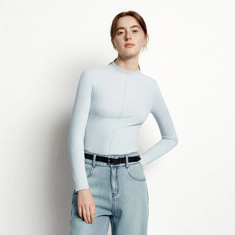Women's Mock Neck Thermal Base Layer - Slim Fit Brushed Fabric with Embroidery