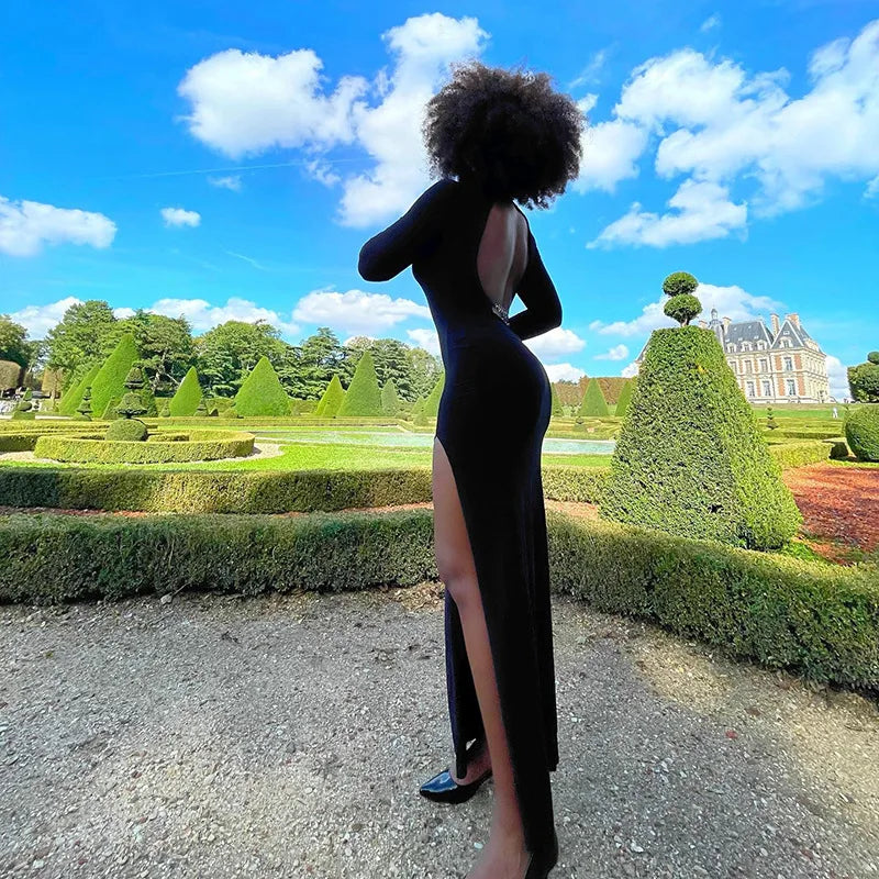 Women's Cut Out Chain Backless Maxi Party Club Long Sleeve Slit Long Dress