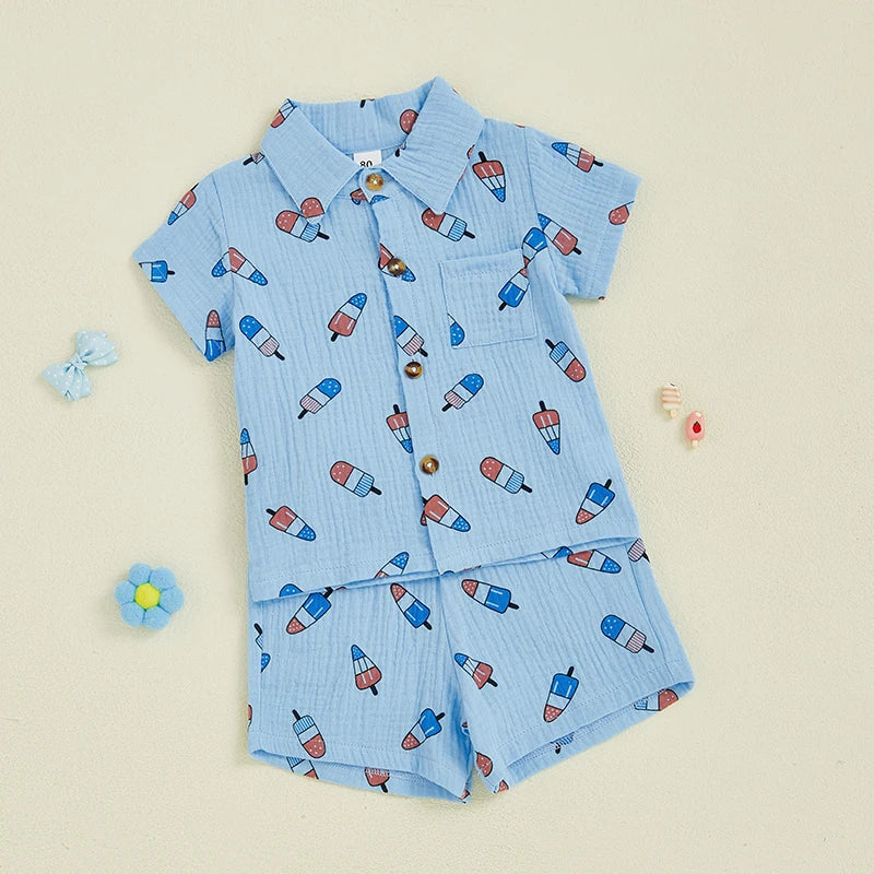 0-4Y Kids Boys American Flag Colours Print Clothes Sets Ice Cream Print Lapel Button Down Short Sleeve Shirt with Shorts