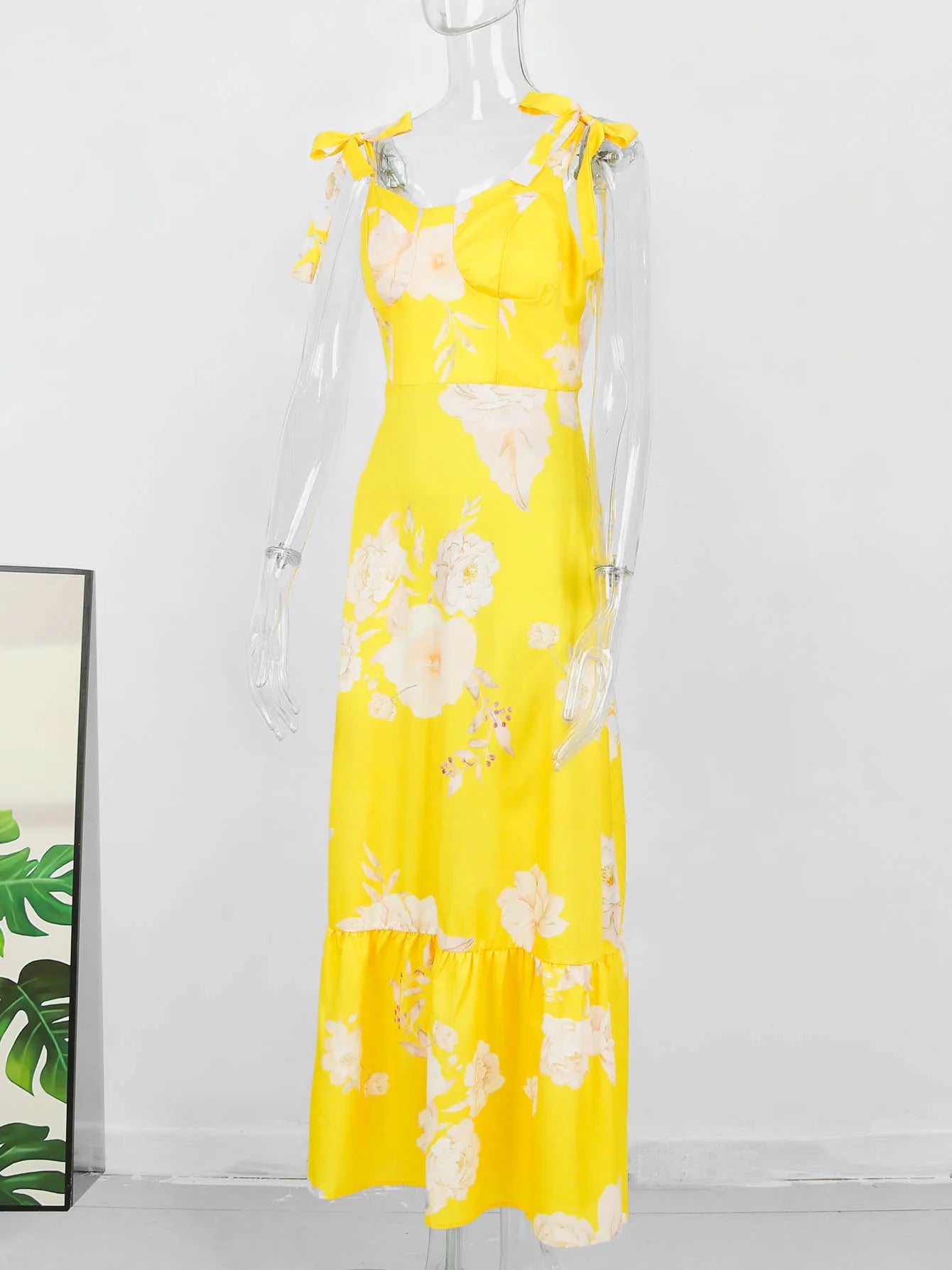 Women's Floral Printed Elegant Sleeveless Long Lace Up Robe Summer Bodycon Dress