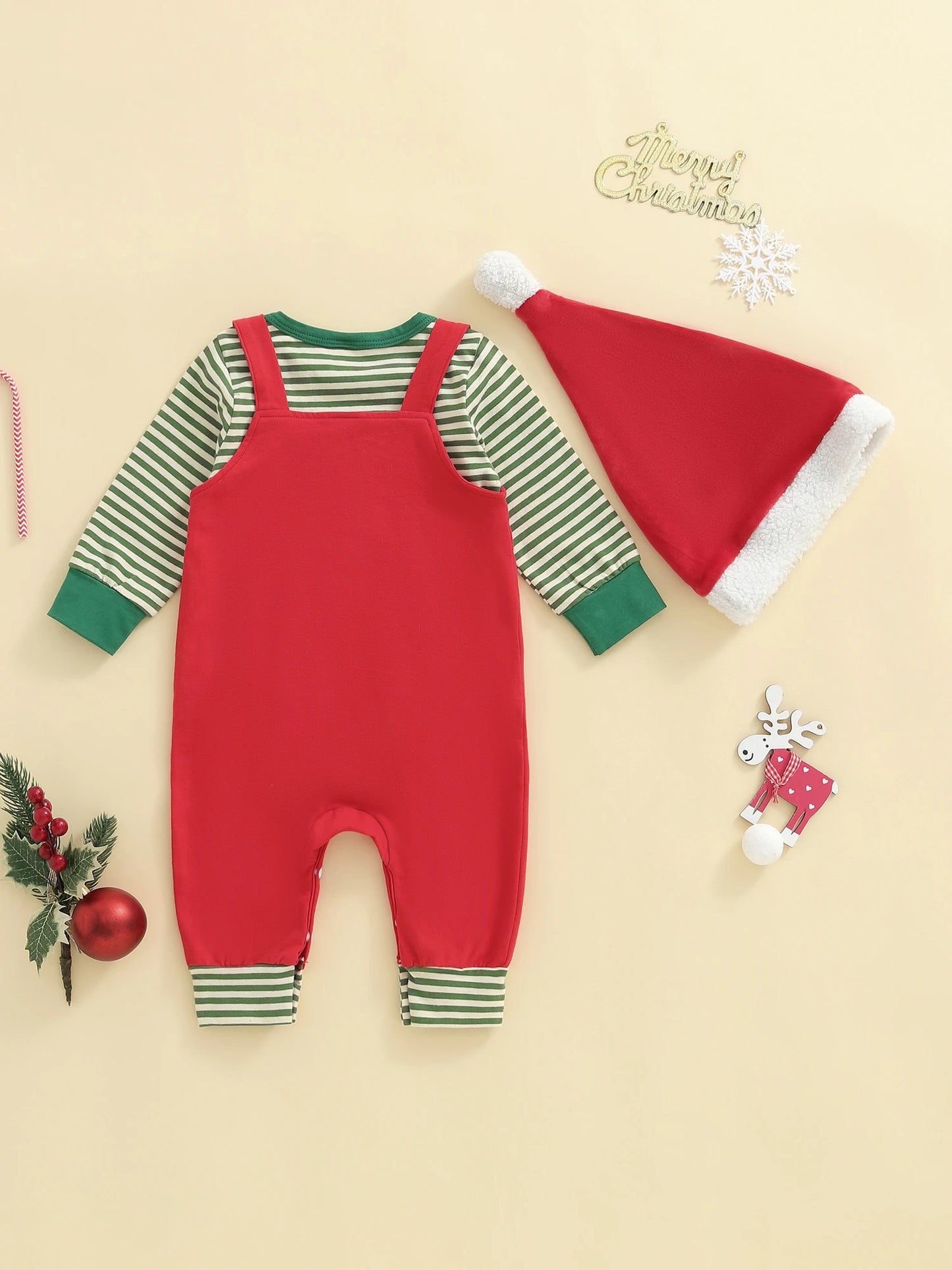 Newborn Baby Boys Fall Winter Christmas Clothes Set - Stripe Long Sleeve Romper, Embroidery Overall Pants & Hat