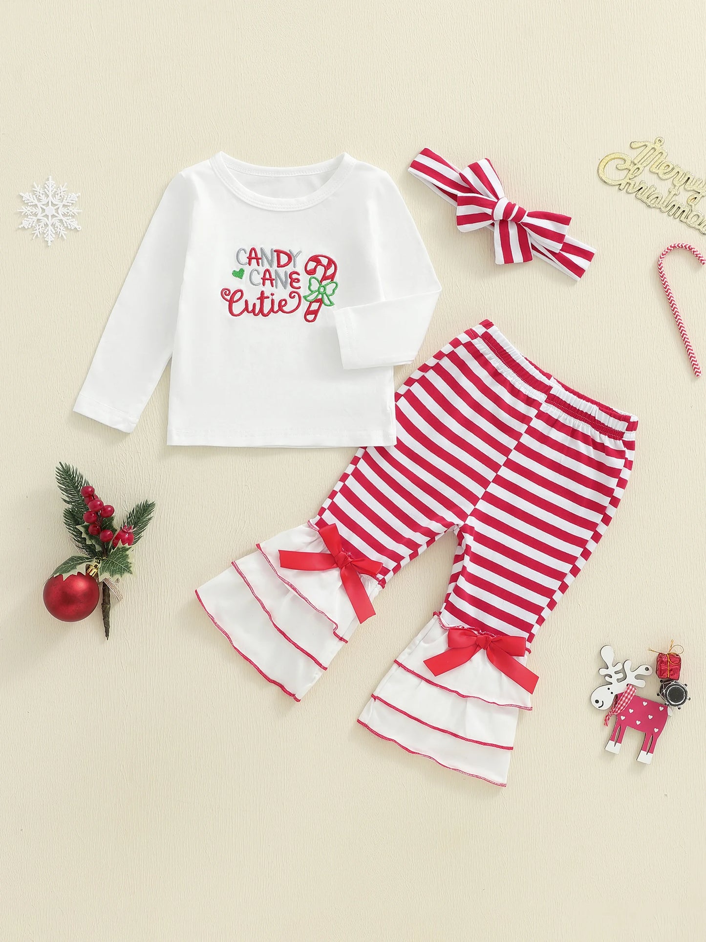 Baby Girls Christmas Outfit Set - Candy Cane Embroidery Long Sleeve Top, Flared Pants & Headband (0-3Y)