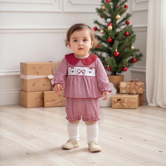 Baby Girls' Christmas Outfit Set - Long Sleeve Plaid Top & Lantern Shorts 2 Piece