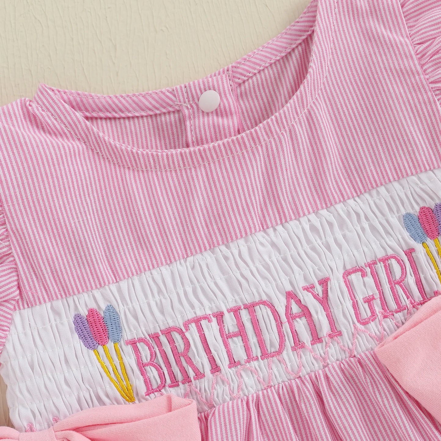 Baby Girls Birthday Romper - Striped Print Letter Embroidery Ruffled Jumpsuit