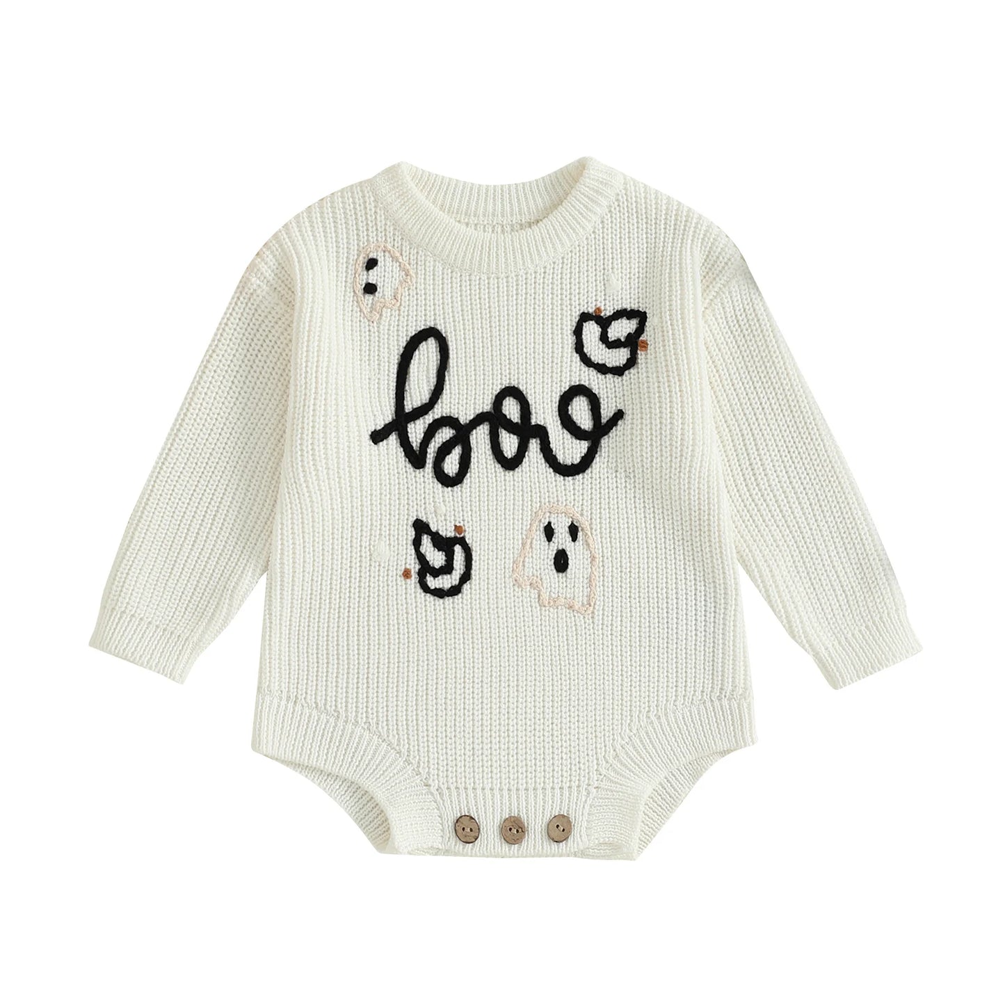 Newborn Baby Halloween Sweater Romper - Ghost Letter Embroidered Long Sleeve Jumpsuit