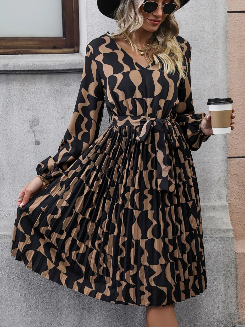 Women's Autumn Winter Long Sleeve Print Elegant V-neck Casual A-Line Knee-Length High Waist Dress