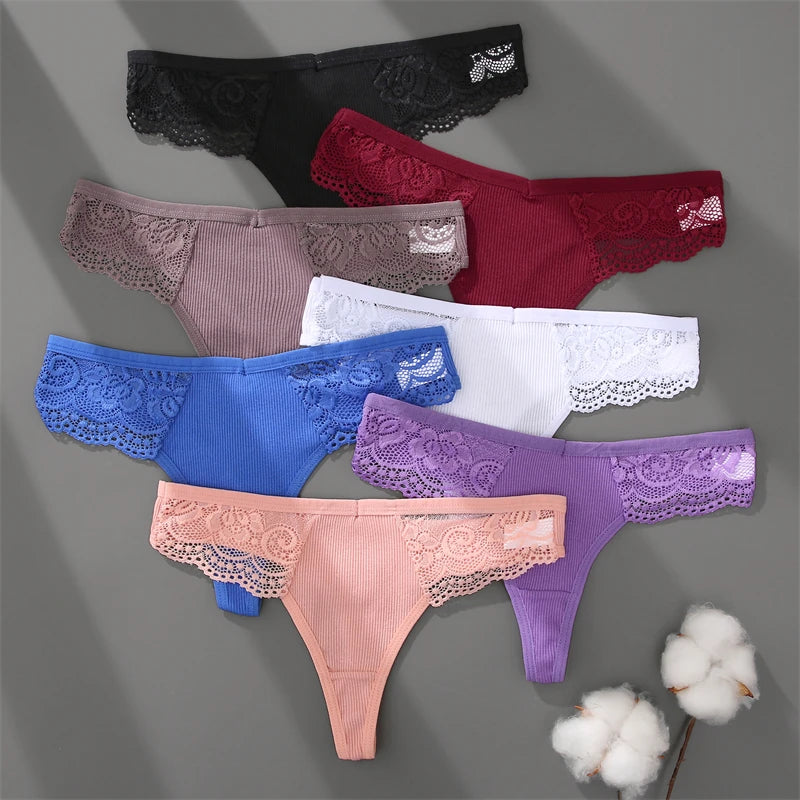 Cotton Lace Thongs - 3 Pack Low Waist Bikini Panties