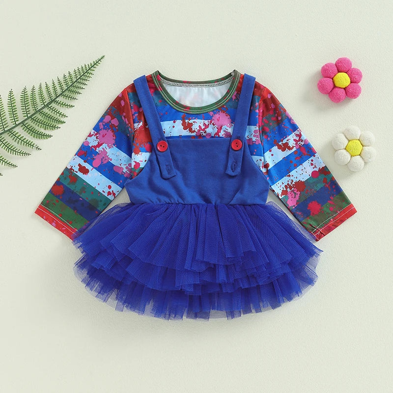 Girl's Halloween Outfit Set - Stripe Print Top & Lace Tulle Suspender Skirt