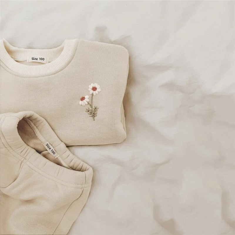 Children's 2Pcs Embroidery Thicken Fleece Warm Sweatshirt and Pants Set Outfit