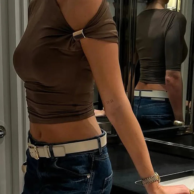 Women's One Shoulder Asymmetrical Summer Fashion Outfit Embellished Backless Cropped Top