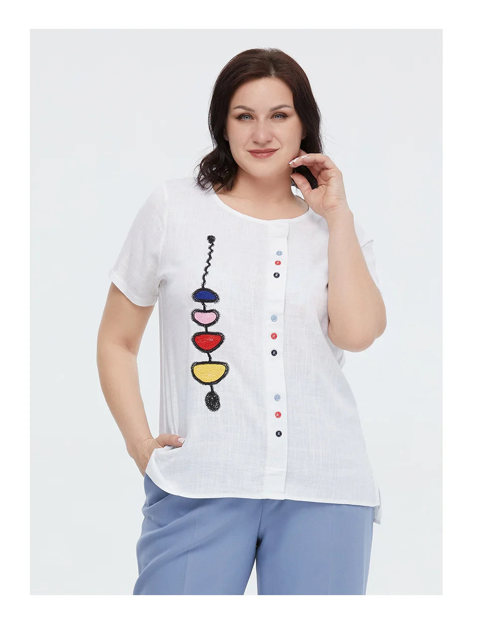 Women's Summer Cotton Linen Oversized Short Sleeve Sequins Button Top