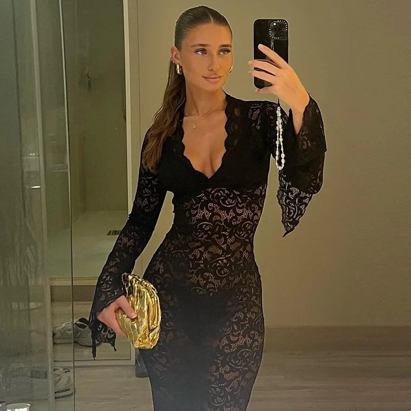 Women's Lace Transparent Hollow Out Maxi Flare Sleeve V Neck Dress