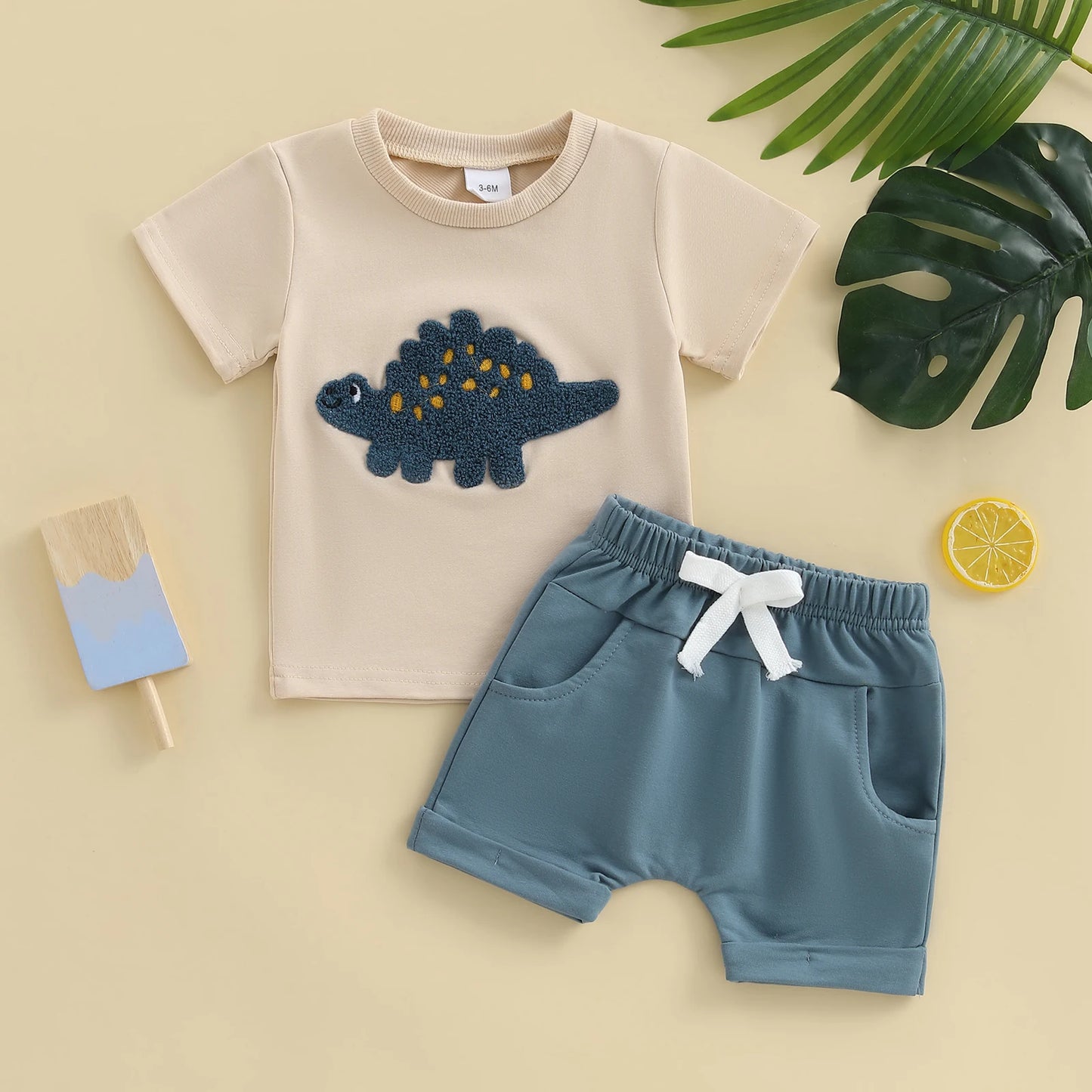 0-3Y Toddler Baby Boys Clothes Set Dinosaur Embroidery Short Sleeve T-shirts Solid Elastic Waist Shorts