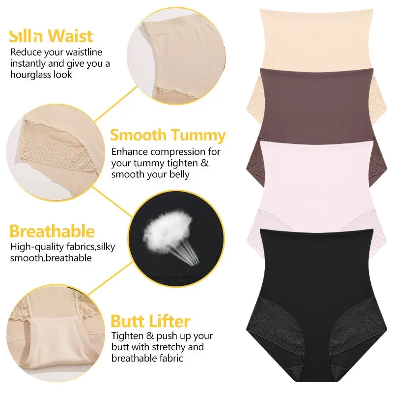 High Waist Tummy Control Panties - Women's Floral Lace Shaping Briefs (S-XXXL)