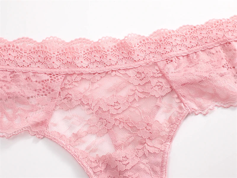 3Pcs Women's Lace Hollow Out Underwear Floral Print Panties Low-Waist Thong Breathable G-string Lingerie